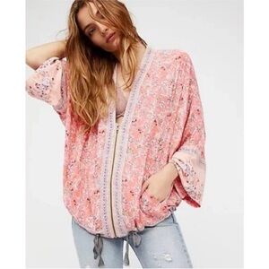 Free People Wildflower Floral Pink Cinched Zip Up Kimono Jacket XS/S Boho